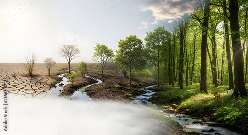 Climate change concept showing transition from dry cracked earth to lush green forest
