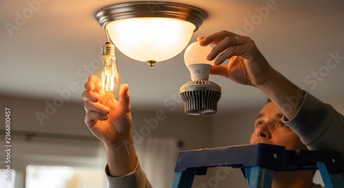 Man replacing old light bulb with energy efficient LED bulb in ceiling fixture
