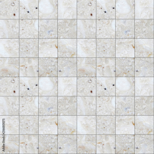 Seamless grid background of beige marble square tiles with natural stone texture, realistic ceramic wall panel design, neutral floor pattern, and decorative architecture surface