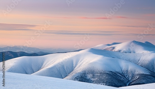 Snow Covered Rolling Hills Stretch Under A Soft Pastel Winter Sky Creating A Serene Landscape Suitable For Travel Nature Or Seasonal Promotion