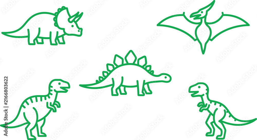 Fototapeta premium A collection of cute black and white vector animals featuring various prehistoric dinosaurs drawn in a simple line style