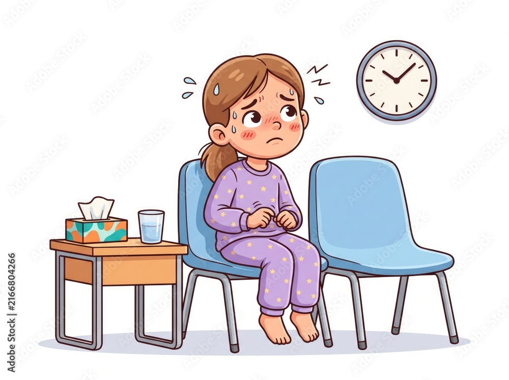 Fototapeta premium Girl with stomach pain sitting in clinic waiting area