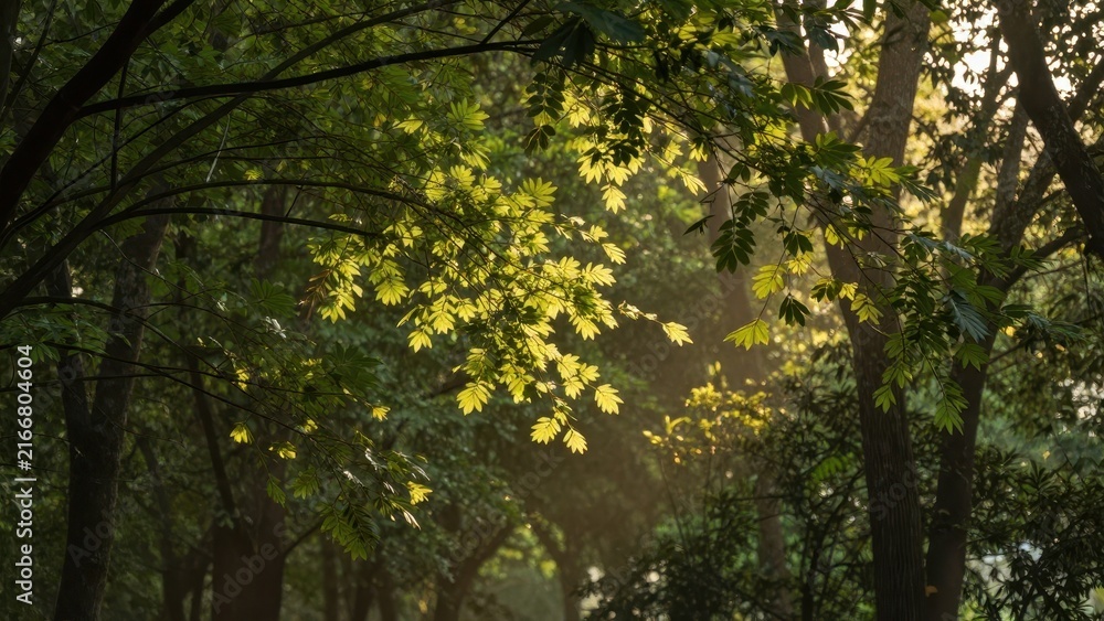 Obraz premium Lush green tree leaves glowing under bright sunlight in a dense forest canopy with soft sunbeams filtering through branches during a serene summer afternoon in nature