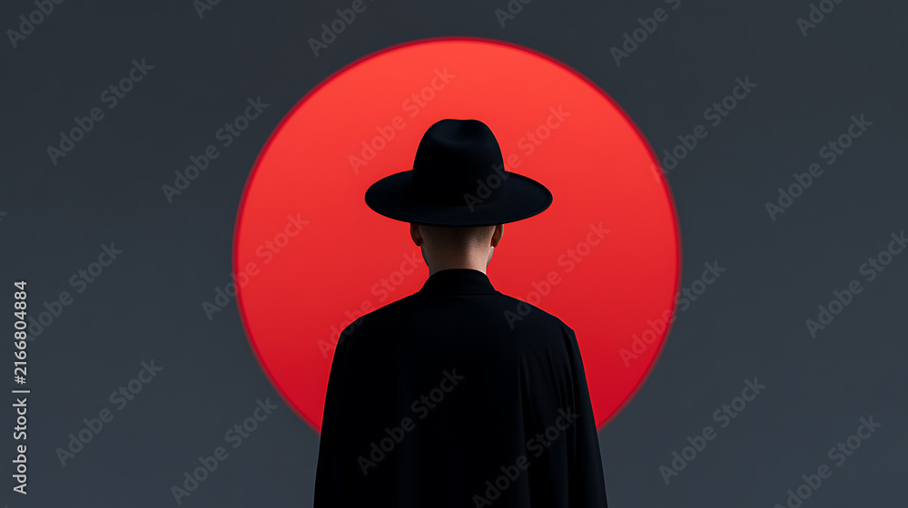 Fototapeta premium Minimalist portrait of a person in a black hat and coat standing in front of a giant red circle against a dark grey wall backdrop