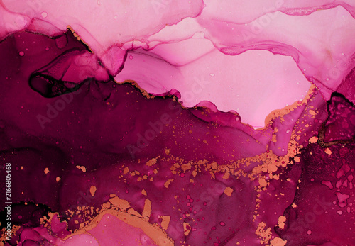 Pink and magenta alcohol ink fluid art background with metallic copper gold glitter texture elements