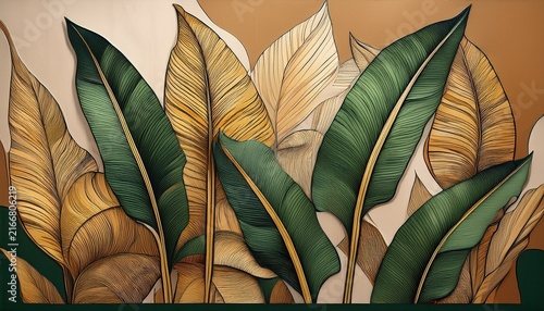 Mural Featuring Stylized Banana Leaves Against A Muted Abstract Background
