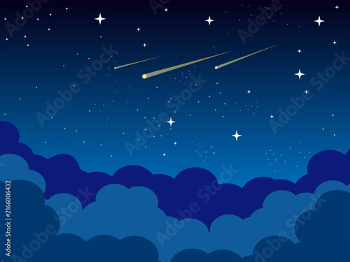 Flat vector illustration of a magical night sky with shooting stars and fluffy dark blue clouds. Peaceful astronomy and starry space background concept.