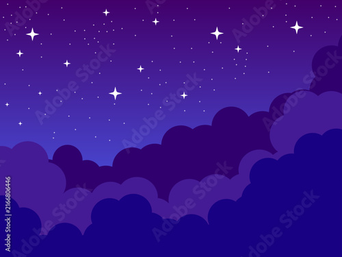 Flat vector illustration of a beautiful starry night sky with dark purple clouds. Dreamy and calm astronomy background for sleep or bedtime concept.