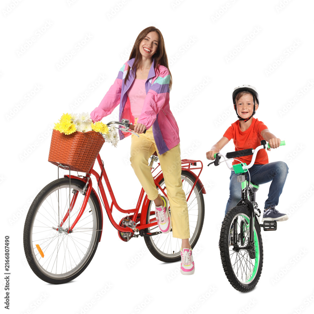 Fototapeta premium Mother and son with bicycles on white background