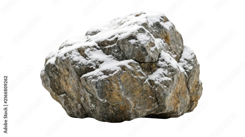 Fototapeta premium Large natural boulder covered with snow isolated on transparent background