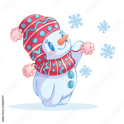 A hand-drawn cute snowman in a hat catches snowflakes. A smiling Christmas and New Year character. Isolated on a white background. Cartoon children's vector illustration for poster design, printing