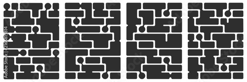 Modern abstract pattern with geometric shapes and flowing curves. Minimalist background design featuring circles, squares, and fluid metaball elements in black and white.