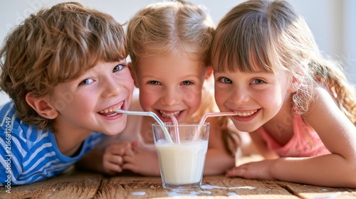 Three children, two boys and a girl, smiling while sharing a glass of milk with straws, sitting on a wooden floor in a bright indoor setting