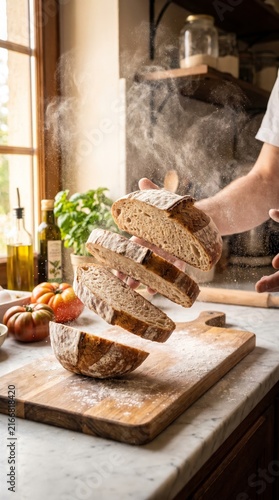 Slicing fresh artisanal sourdough bread with knife and flying flour dust cloud on rustic wooden table