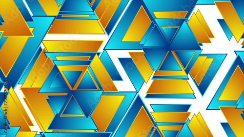 Orange and blue shiny glossy hexagons are made up of triangles pattern. Geometric motion design. Seamless loop. Video animation Ultra HD 4K 3840x2160