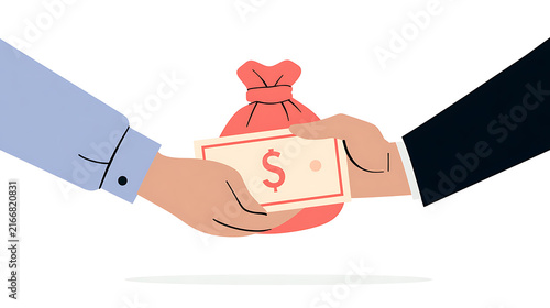 Flat vector illustration of a business transaction where hands exchange money and a coin bag, perfect for finance, wealth, and banking
