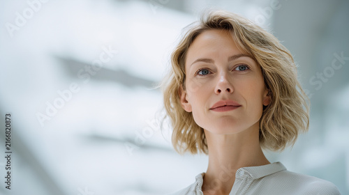 Confident woman with short blonde hair