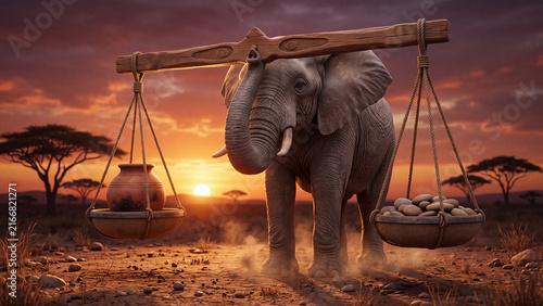 Elephant carrying a libra animal balance scale at sunset in the savanna