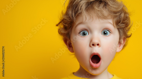 Child with surprised expression on yellow background