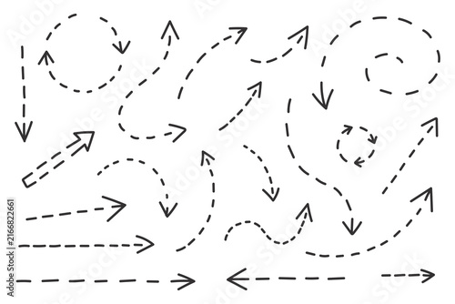 Cuadro en lienzo Collection of hand drawn dashed arrows showing winding paths, curves, loops and directional movement, isolated on a warm cream background