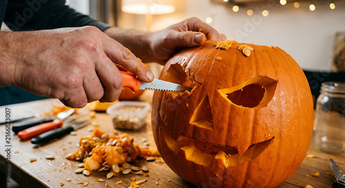 Step-by-step Halloween jack-o'-lantern tutorial, person's hands carving a traditional Halloween scary face into a pumpkin, DIY Halloween tutorial, autumn community festival, family craft workshop