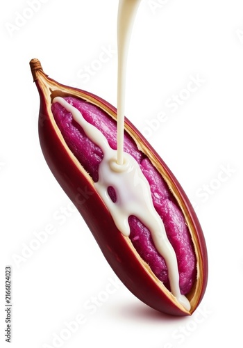 Opened sweet red bean pod reveals a luminous magenta paste core as milky vanilla liquid flows in contrast against a clean white background, sweet, thick, paste