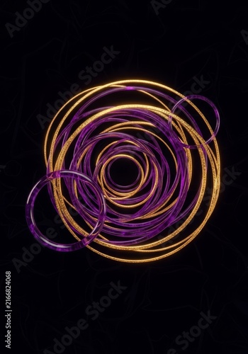 Overlapping concentric rings in amethyst and shimmering gold create a dynamic frequency against a dark background with mystic etched patterns, dynamic, harmony, light