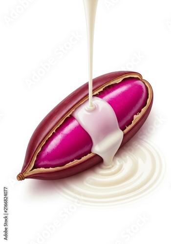Opened sweet red bean pod reveals a luminous magenta paste core as milky vanilla liquid flows in contrast against a clean white background, background, texture, gourmet