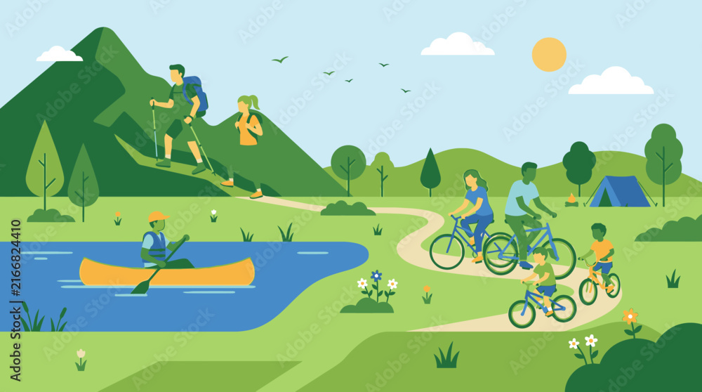 Obraz premium Flat vector illustration of people hiking, cycling and canoeing in nature