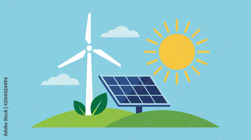 Obraz premium Renewable Green Energy Vector with Solar Panel and Wind Turbine