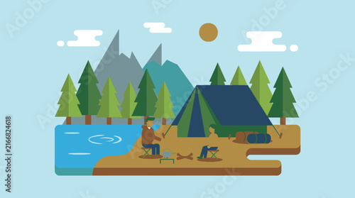 Flat vector illustration of people camping by a lake in the mountains