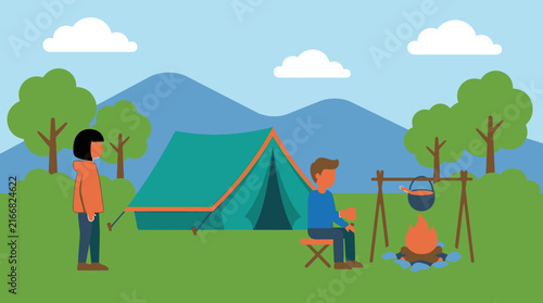 Couple Enjoying a Peaceful Outdoor Camping Trip in the Mountain Forest