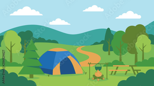 Colorful Summer Camping Scene With Tent And Campfire Vector Illustration