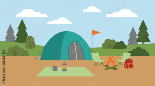 Outdoor Camping Scene with Tent and Campfire in a Green Forest Landscape