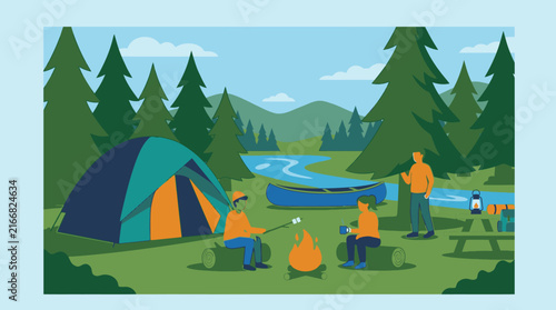 Vector illustration of people camping by a river in the forest