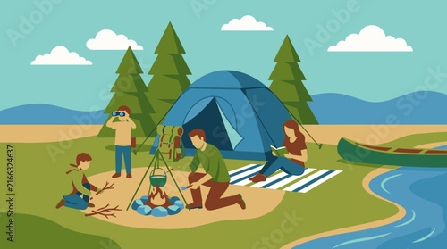 Family Enjoying A Peaceful Camping Trip In The Beautiful Nature Wilderness
