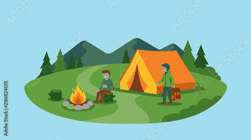 Camping trip illustration with tent and campfire