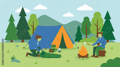 People Enjoying a Camping Trip with a Tent and Campfire Vector Illustration