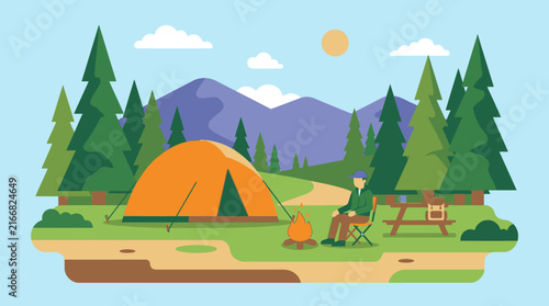 Flat vector illustration of camping in nature with mountains and tent