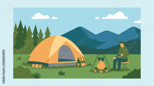 Camping adventure in nature vector illustration with tent and campfire