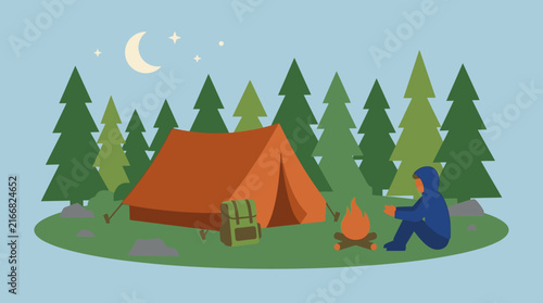 Night camping in the pine forest vector illustration with bonfire