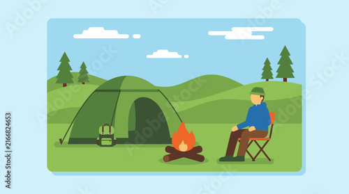 Outdoor Camping Vector Illustration of Man Sitting by Campfire and Tent
