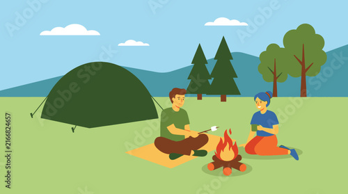 Happy couple camping by campfire next to tent vector illustration