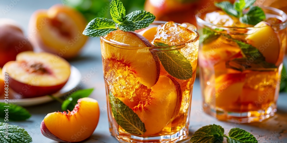 Naklejka premium Vibrant refreshing summer iced peach drinks with fresh mint leaves and ice cubes on a table.