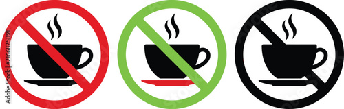 Принти на полотні No coffee or tea allowed sign icons with hot drink cup symbols in red green and