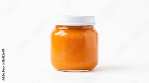 A small glass jar filled with vibrant orange puree rests under bright studio light against a clean white backdrop.