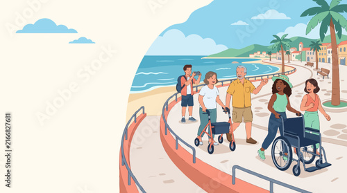 Diverse group of travelers including seniors and individuals with disabilities enjoying a scenic coastal boardwalk stroll during summer vacation