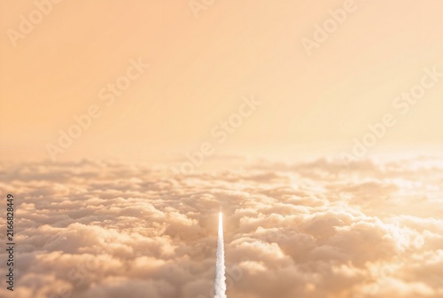 High angle of a white rocket trail piercing clouds. Clean bright peach gradient above. Cinematic haze for bright web advertising layouts.