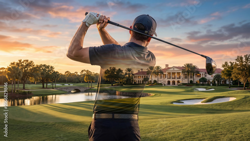 Double exposure of a professional male golfer swinging a club, seamlessly blended with a scenic golf course, tranquil lake, and clubhouse estate at sunset.