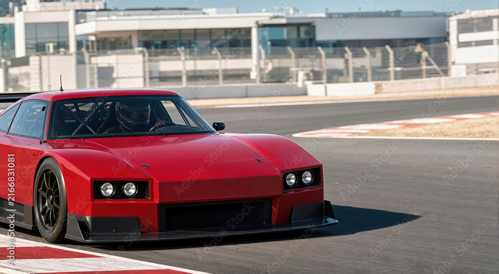 Fototapeta premium Red GT race car speeding around corner on asphalt track during sunny motorsport event. Front view of racing sports car driving near red and white curb with modern paddock building in background